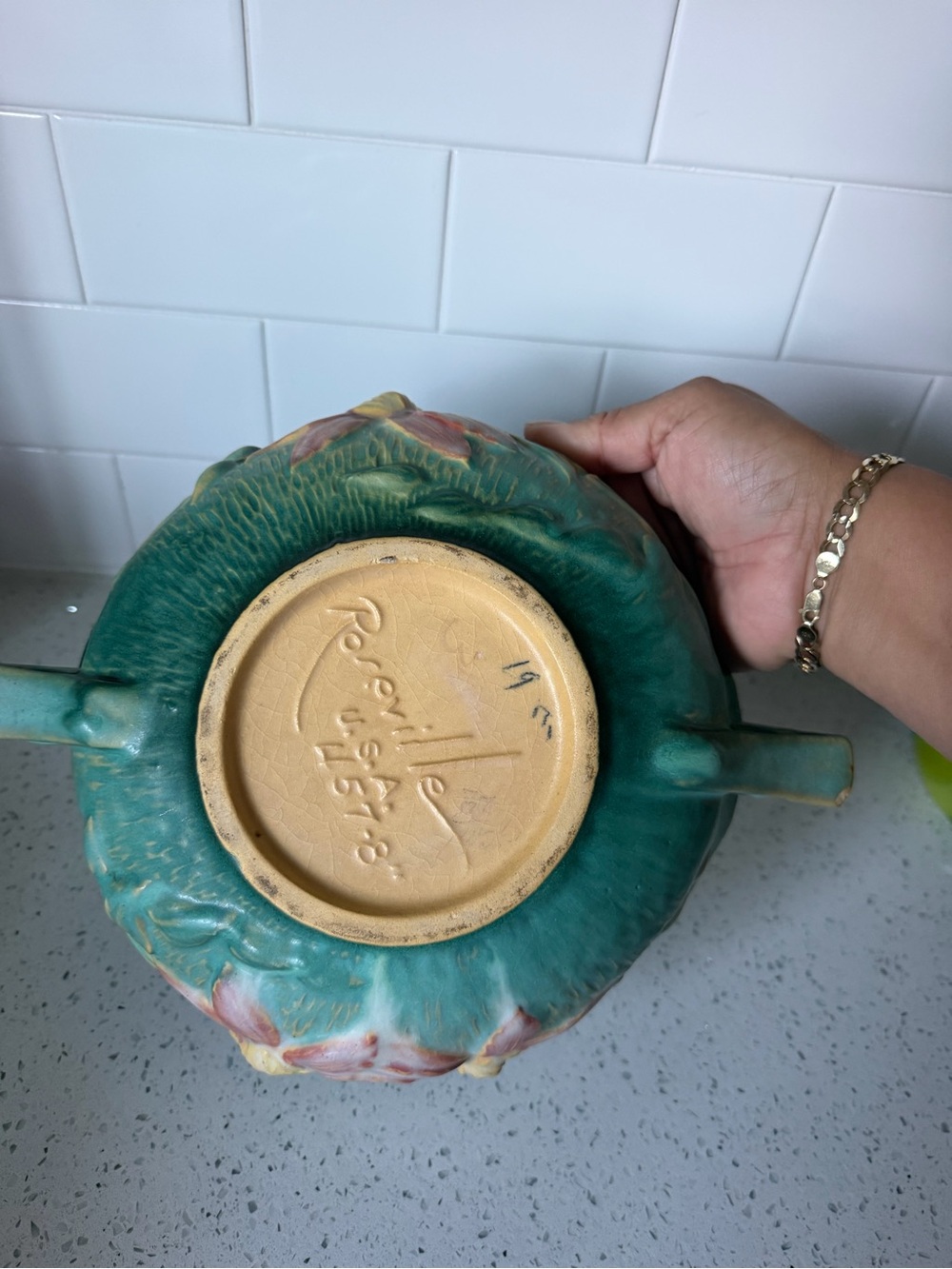 Vintage Green Floral Roseville Ceramic Decorative Bowl - Picture 3 of 5